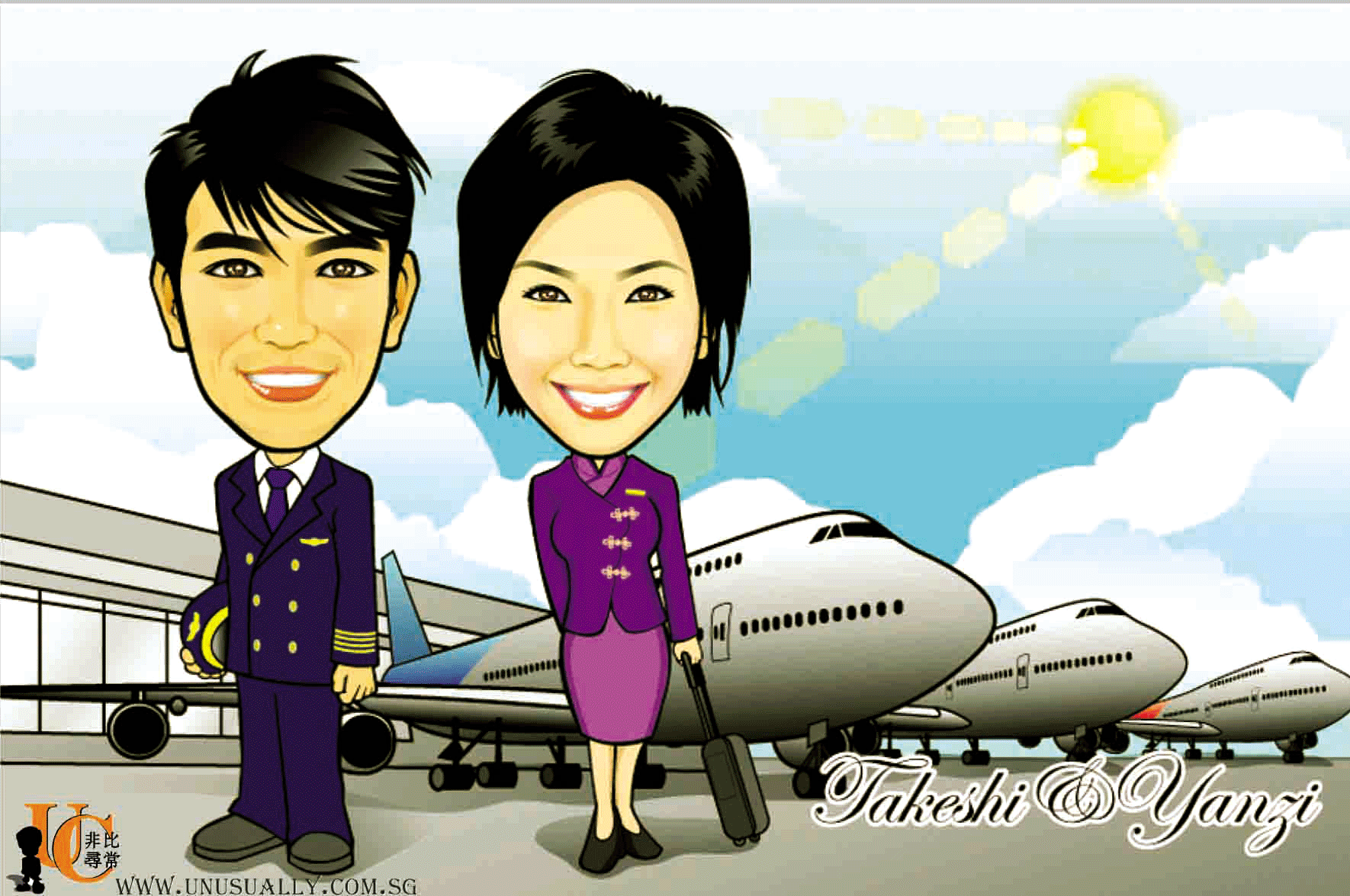 Digital Caricature Drawing - Pilot & Air Stewardess Theme